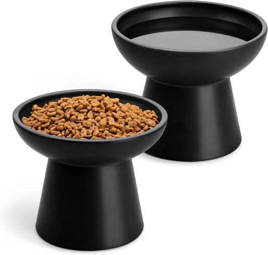vancasso Ceramic Elevated Cat Bowls 2-Pack - 6.2" Extra Wide Raised Cat Food & Water Dishes, 5.1" Optimal Height Anti-Whisker Fatigue Shallow Bowls for Cats/Kittens/Dogs, Lead & Cadmium Free (Black)