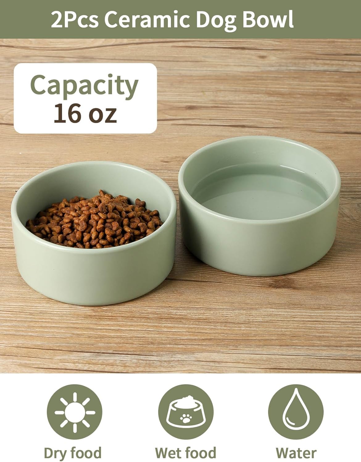 UBEE Ceramic Dog Bowl Set of 2, 5.1 inch Dog Dish Cat Food Bowl for Small Dogs and Large Cat, Pet Food Water Dish Feeding, Sage Green