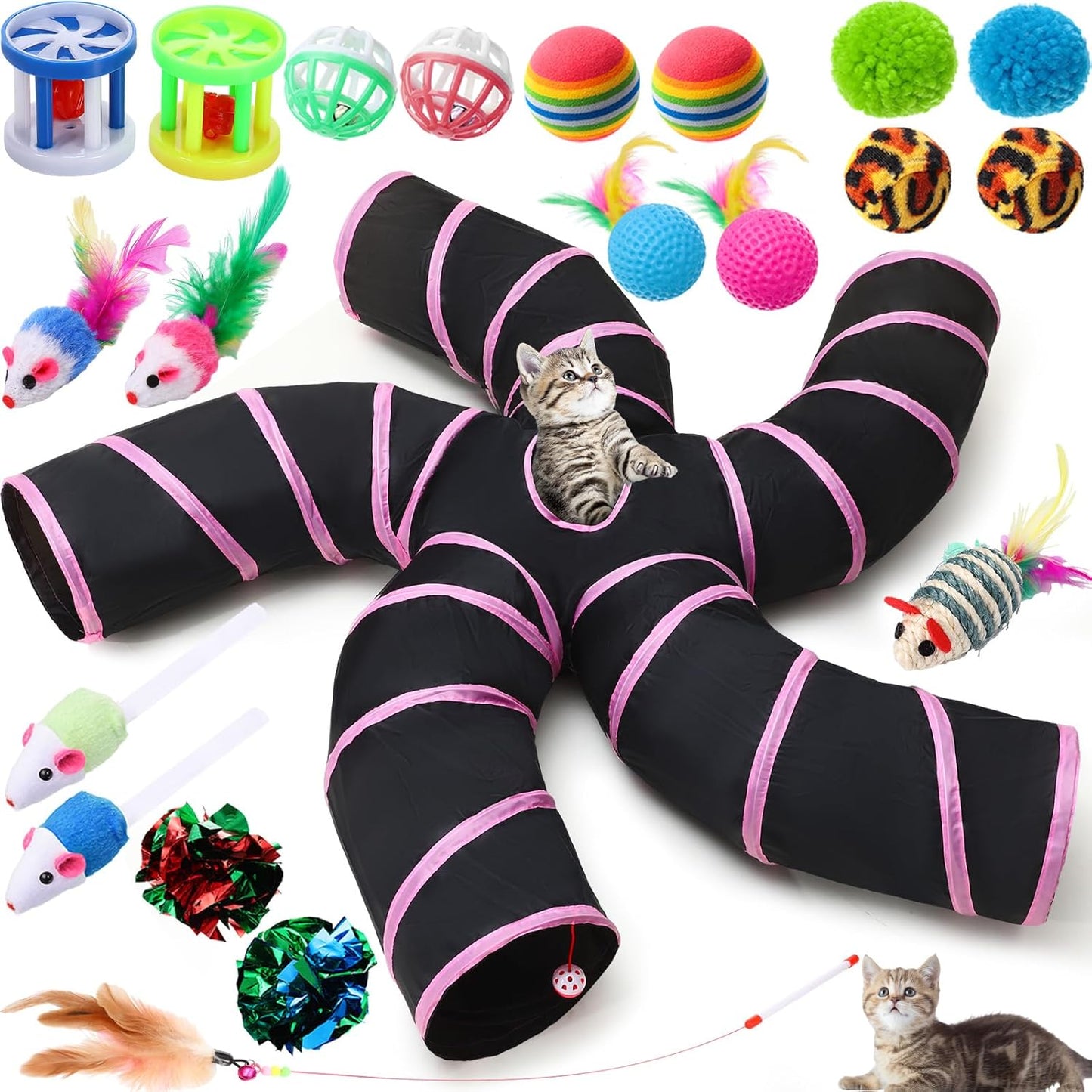 Poen 21 Pcs Cat Tunnel for Indoor Set Collapsible 5 Way Tubes with 20 Pcs Cat Kitten Toys Interactive Feather Toy Mouse Crinkle Balls Tube for Puppy Kitten Rabbit(Pink Black)