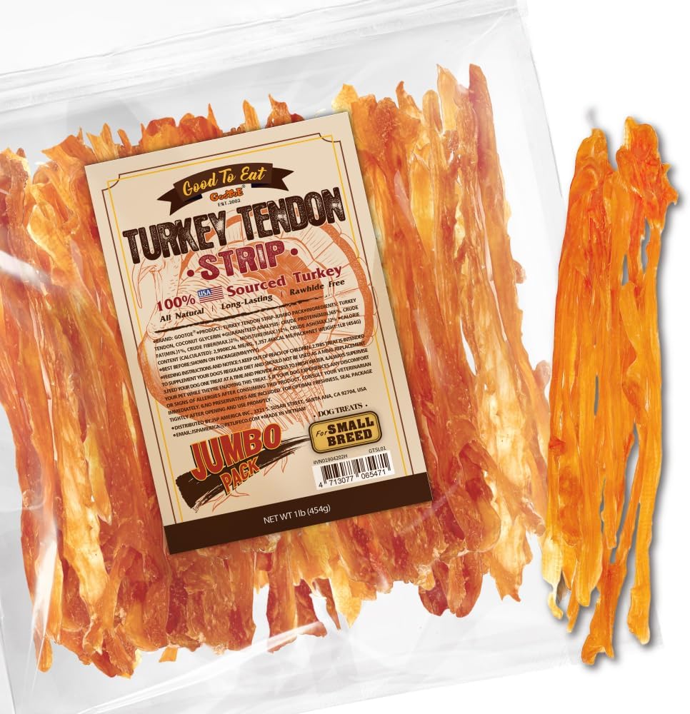 Gootoe Turkey Tendons for Dogs – All-Natural, Hypoallergenic Dog Treats, Rawhide Alternative, Long Lasting Puppy Chews, Healthy Dog Treats for Small Breeds, Strips, 16 oz Pack (1 lb)