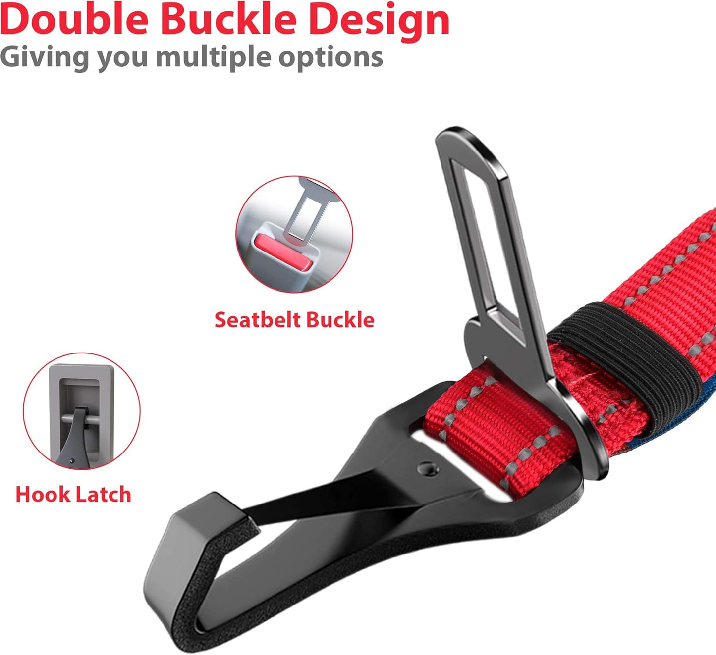 IOKHEIRA Dog Seatbelt, Updated Dog Seat Belt, Reflective Bungee Dog Car Harness, Multifunctional Pet Safety Belt with Hook Latch & Seatbelt Buckle, Swivel Aluminum Carabiner, Red