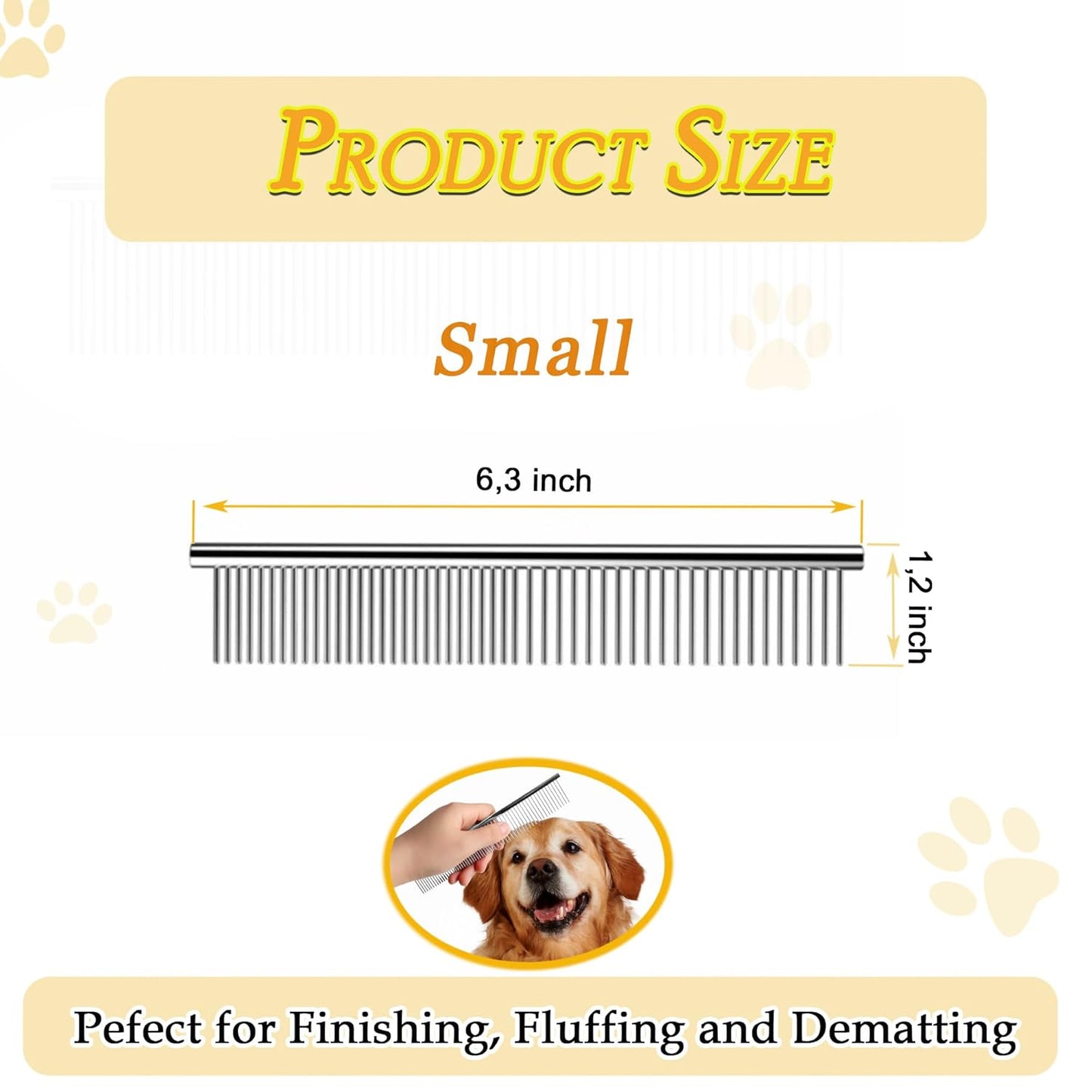 Dog Comb and Cat Combs Stainless Steel Teeth, Grooming Tool for Long & Short Hair, Dematting Comb for Dogs, Removes Tangles & Knots (Small Silver)