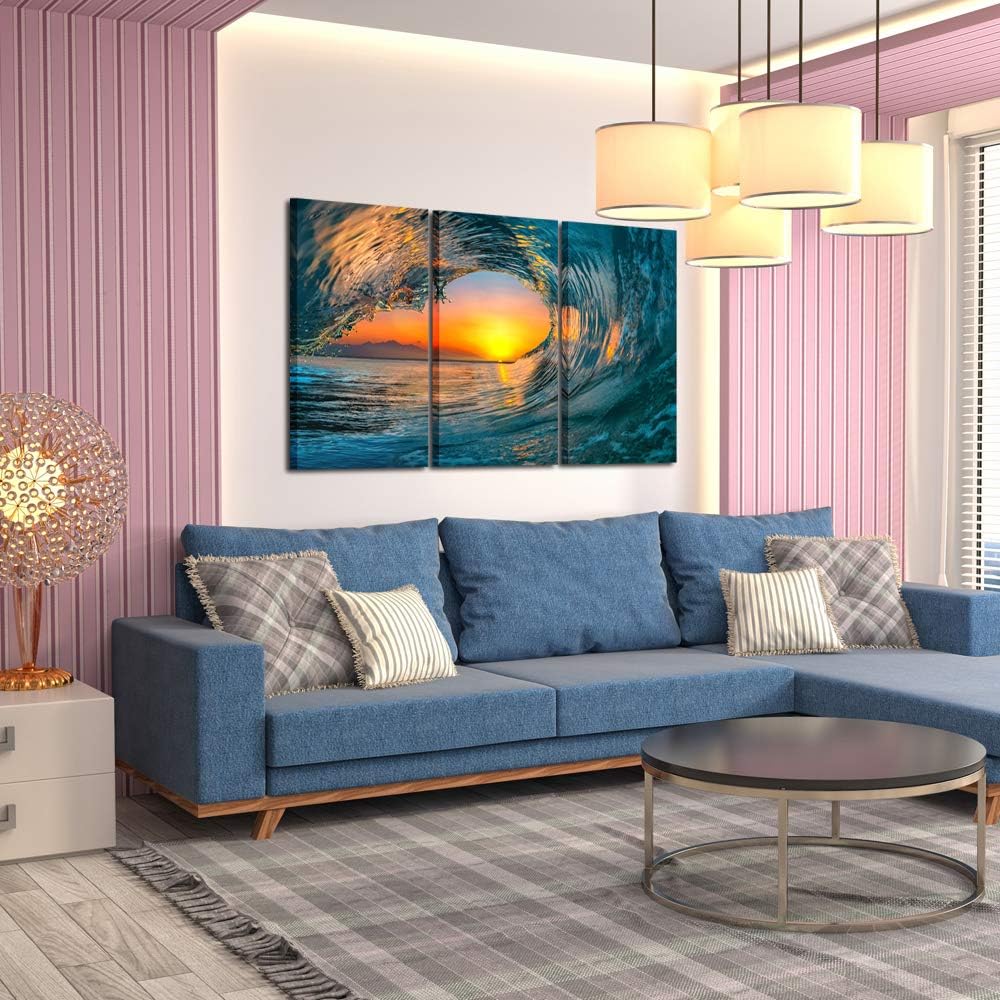 KREATIVE ARTS Large 3 Pieces Canvas Prints Wall Art Sunset Sea Water Ocean Wave Pictures Paintings Modern Stretched and Framed Seascape Giclee Artwork Ready to Hang for Living Room Home Decorations