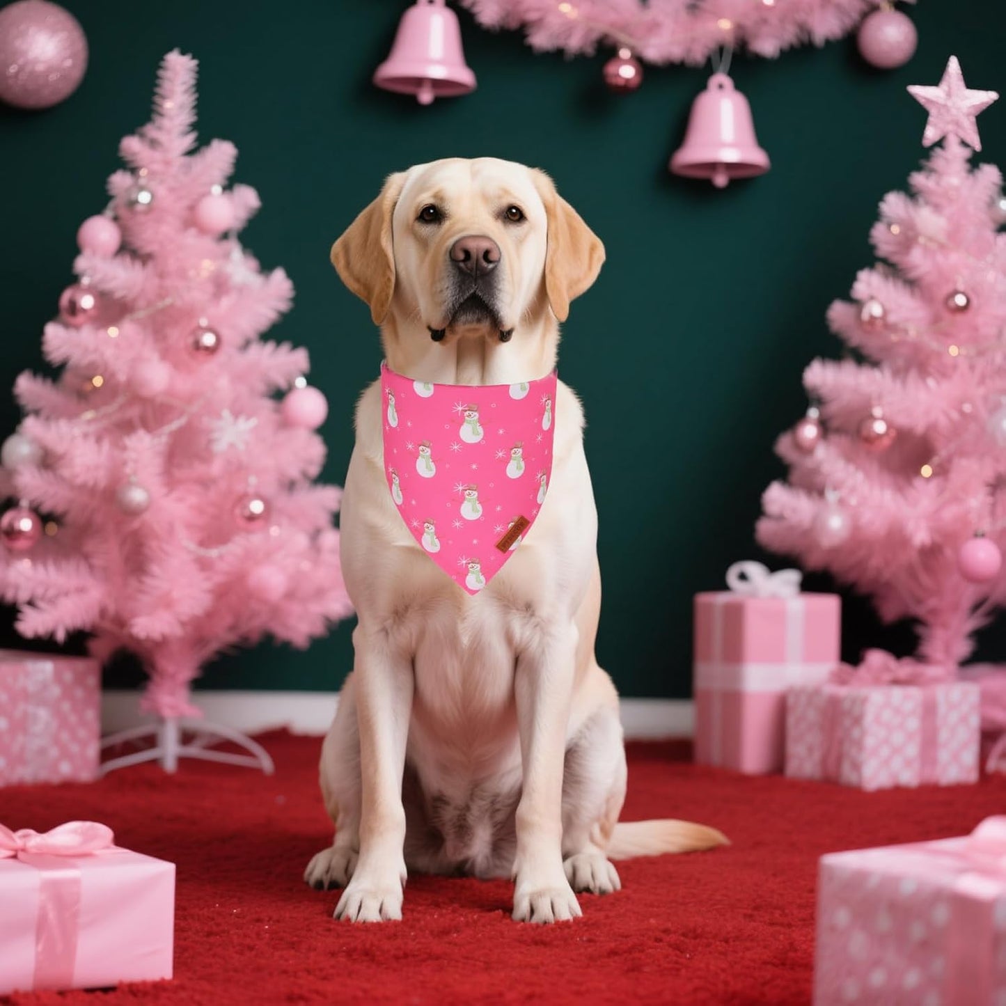PTDECOR Christmas Dog Bandana, Santa Snowman Design Reversible Holiday Pet Scarf, Pink Triangle Fit Female Christmas Bandanas for Extra Large Dogs (X-Large)