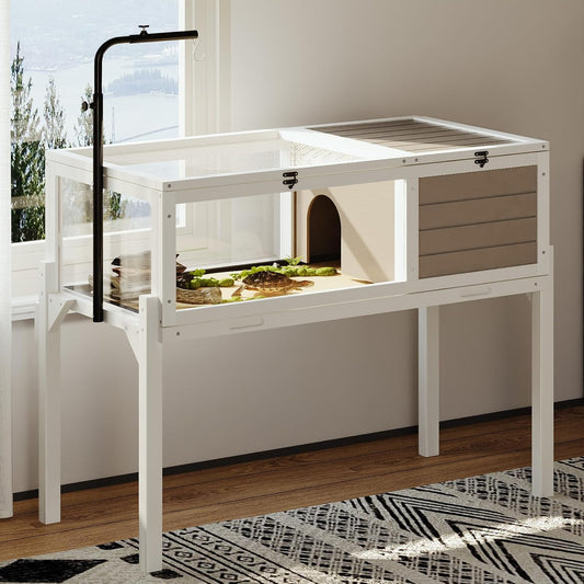 Tortoise Habitat with Adjustable Lamp Holder, Turtle Enclosure Indoor/Outdoor, Wooden House for Small Animals, Large Reptile Terrarium Table with Detachable Legs (New White)