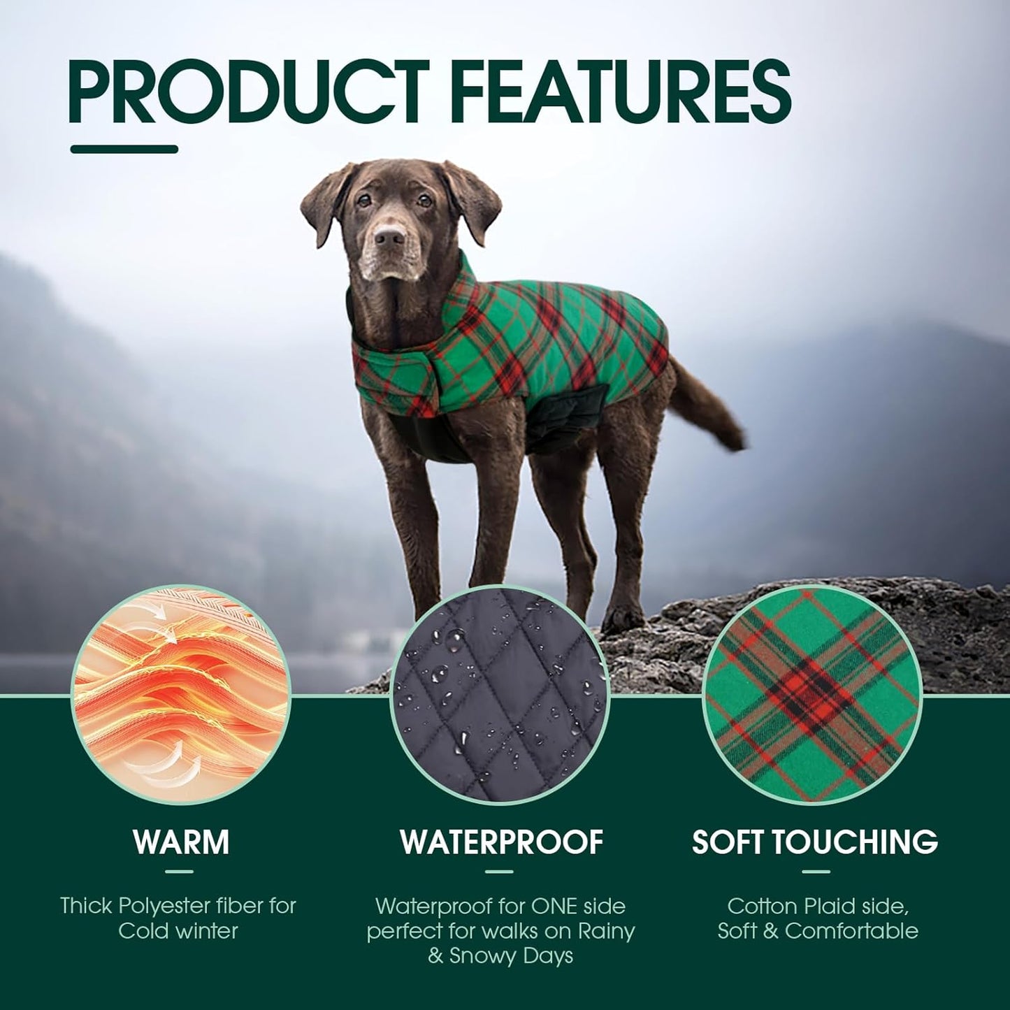 Kuoser Warm Dog Coat, Waterproof Dog Jacket for Extra Large Dogs, Adjustable Durable XXL Doggie Winter Coat Reversible Puppy Cold Weather Apparel from Small to Large Breed, Christmas Green XXL