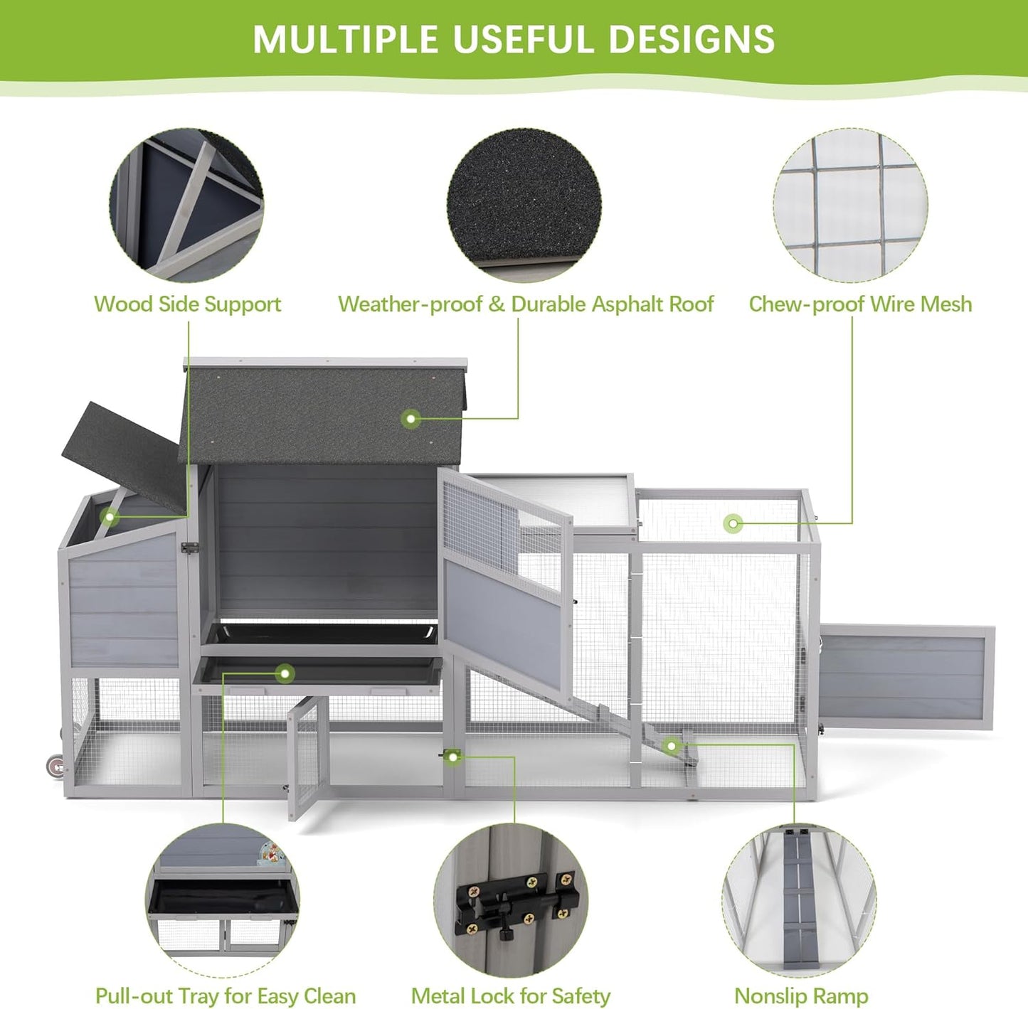 COZIWOW 82" Large Wooden Chicken Coop, Outdoor Rabbit Hutch, Guinea Pig Pet House with Wheels, Sunshine Board, Asphalt Roof, Ramp, Openable Top, Door, Window, Pull-Out Tray, Indoor Bunny Cage (Gray)