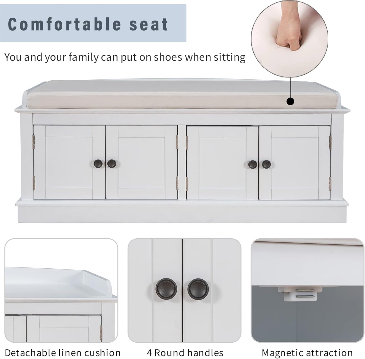 Storage Bench with 4 Doors and Adjustable Shelves, Shoe Bench with Removable Cushion for Living Room, Entryway 42.7" L x 16" W x 17.4" H (White)