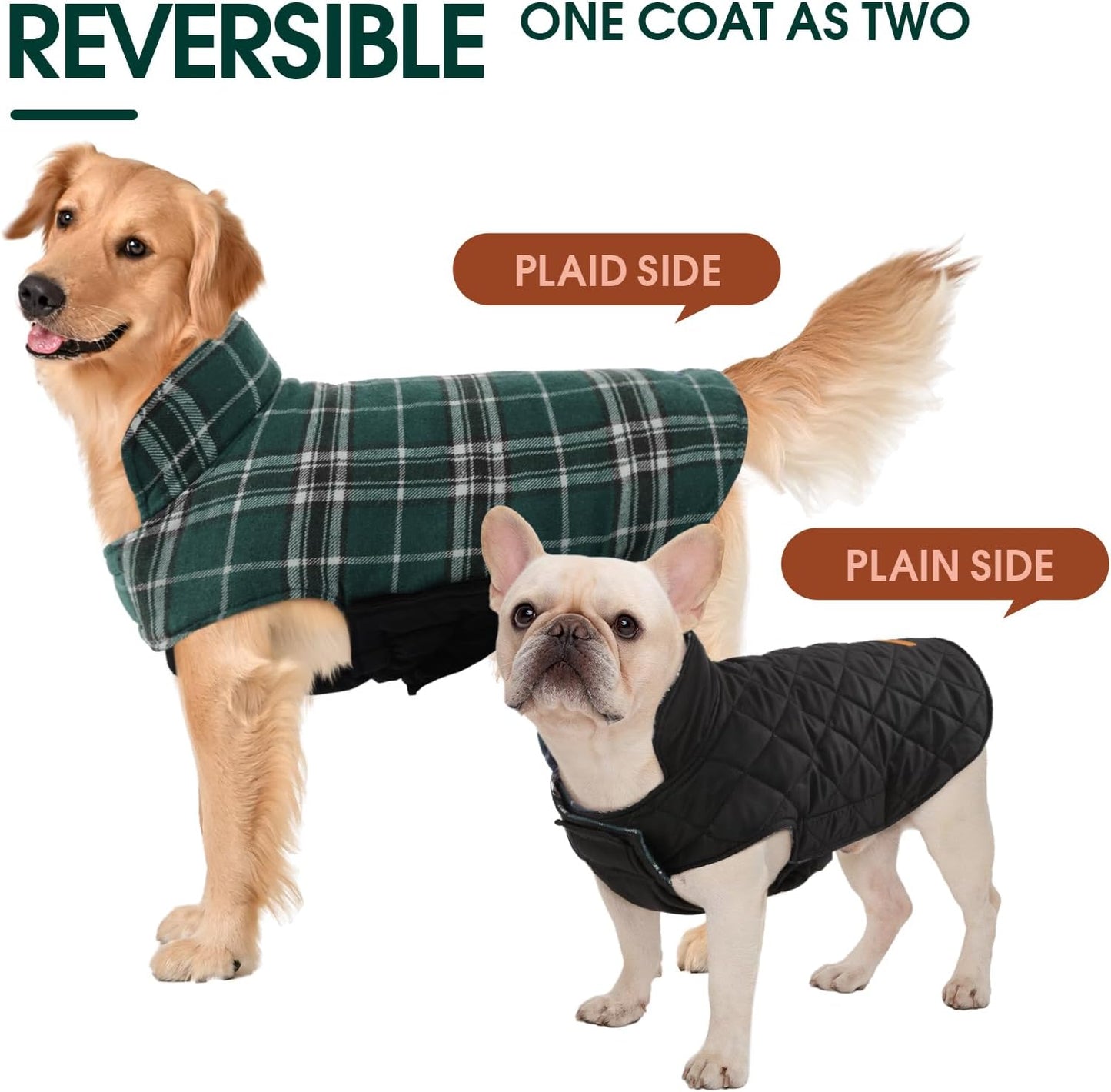 Kuoser Waterproof Dog Coat, Reversible Dog Jacket for Medium Dogs, Adjustable Durable Doggie Winter Coat Warm Puppy Cold Weather Apparel from Small to Large Breed, Green M