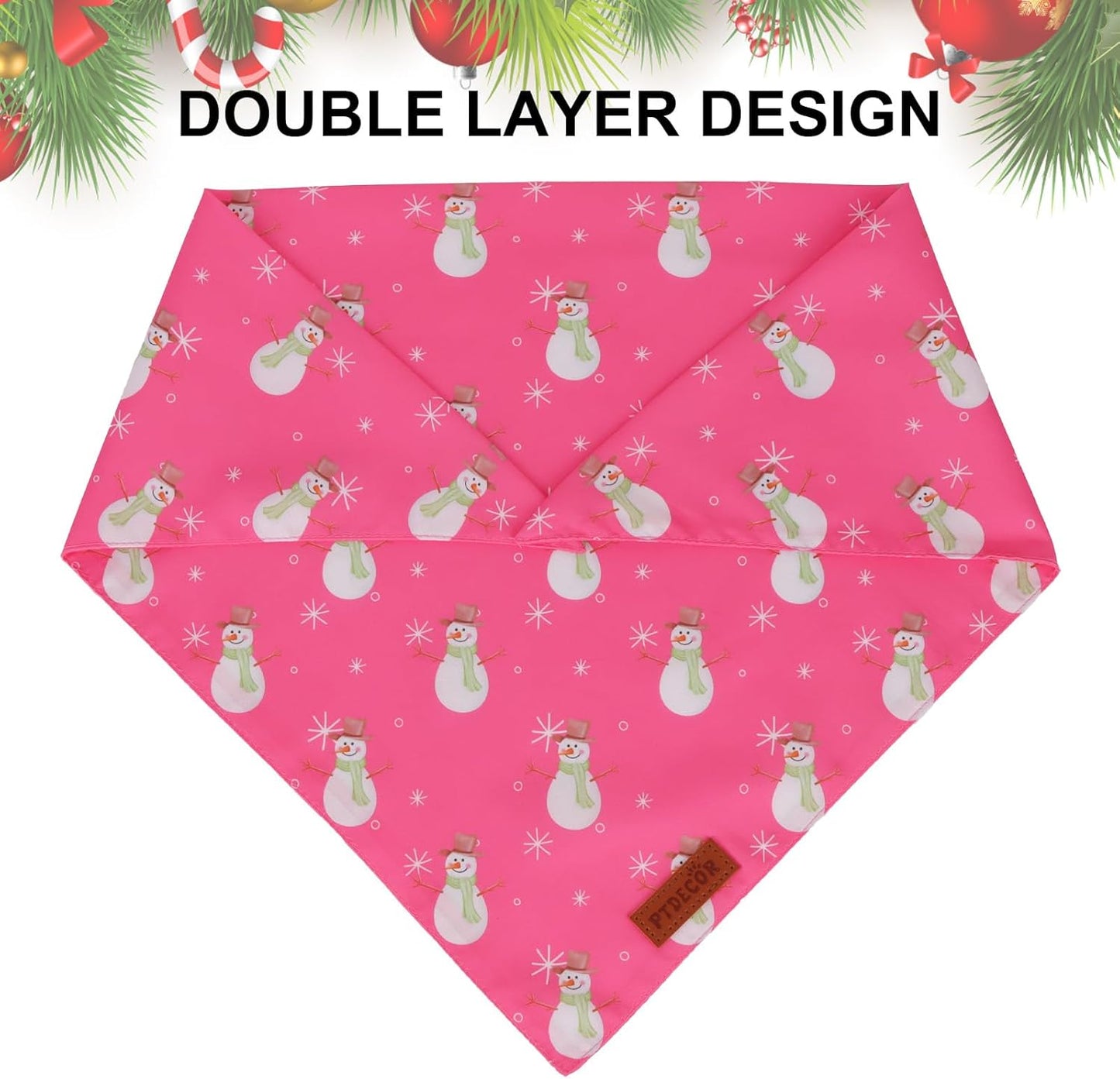 PTDECOR Christmas Dog Bandana, Santa Snowman Design Reversible Holiday Pet Scarf, Pink Triangle Fit Female Christmas Bandanas for Extra Large Dogs (X-Large)