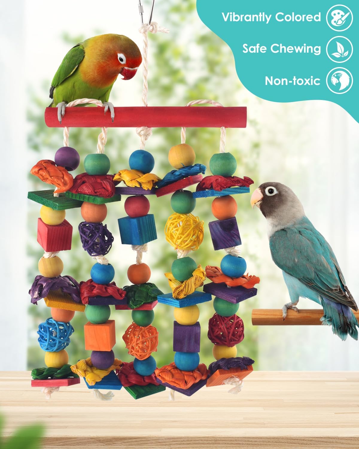 Bird Toys, Parakeet Chewing Toy, Multicolored Natural Wooden Blocks Birds Parrot Tearing Toys mit Rattan Wicker Balls, for Medium Small Macaw Cockatoos Budgie Lovebird Cockatiel Conures