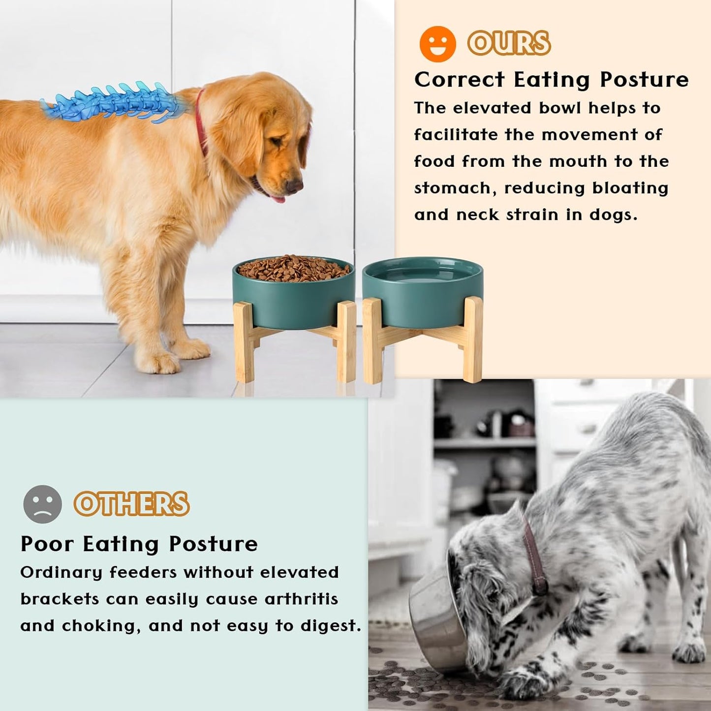 SPUNKYJUNKY Ceramic Elevated Dog Bowls 2 Pack - 8.3inch Raised Dog Bowls with Non-Slip Wooden Stand for Large Dogs Dishwasher Safe(Green,60OZ*2)