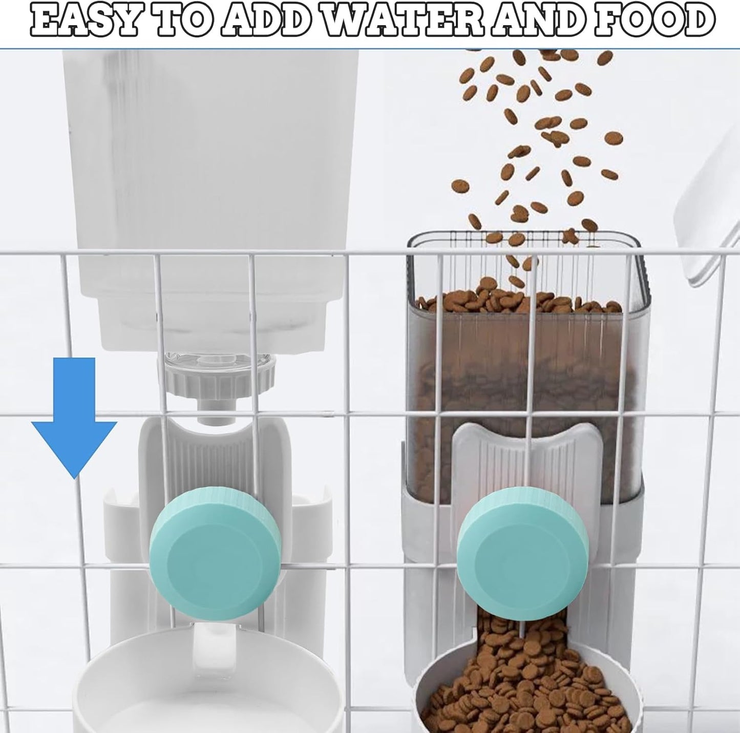 kathson Rabbit Gravity Auto Feeder Set 35oz Hanging Automatic Food Water Dispenser Cage Automatic Feeder Set for Rabbit Chinchilla Guinea Pig Hedgehog Ferret Kitty Puppy (Blue)