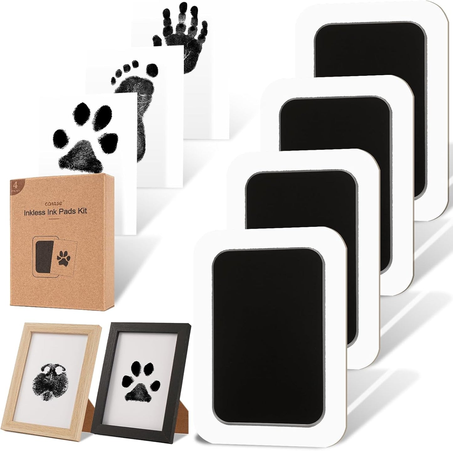 Inkless Paw Print Kit for Dogs,Cats & Babies – Clean Touch Dog Nose & Baby Handprint Kit, Mess-Free Ink Pad with 4 Pads & 2 Wooden Frames – Keepsake Gifts for Pet Owners & New Moms