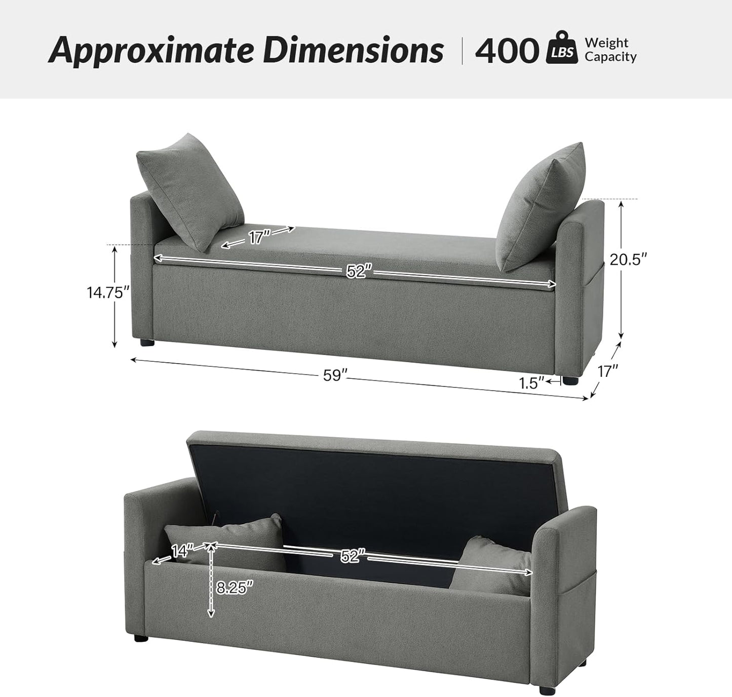 HULALA HOME Modern Storage Ottoman Bench with Throw Pillows, 59" Extra Long End of Bed Bench with Storage Pocket, Comfy Upholstered Footstool for Bedroom Entryway Living Room, Charcoal