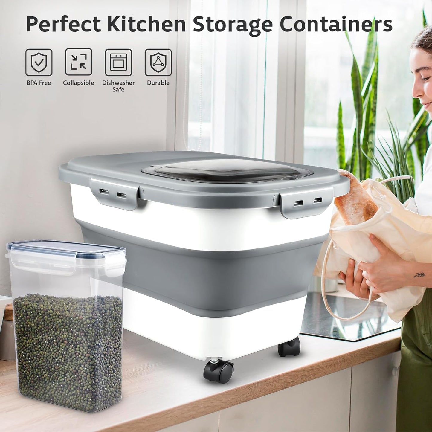 Rice Storage Containers, Collapsible 20 to 30Lbs Food Storage Bin Dispenser with Rolling Wheel and Clear Airtight Lid, BPA Free Flour, Sugar, Cereal and Dog Cat Pet food Containers