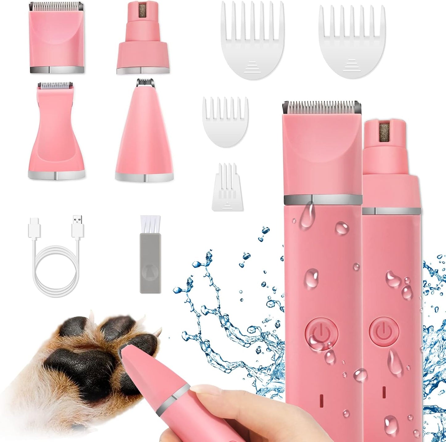 Dog Grooming Clippers Kit-Electric Rechargeable Cat Trimmer Tools-Cordless Quiet Pet Nail Paw Grinder-4 in 1 Multifunctional Low Noise Shaver-Razor for feet Face Ears Toenail Eye（Pink）