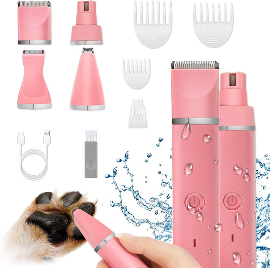 Dog Grooming Clippers Kit-Electric Rechargeable Cat Trimmer Tools-Cordless Quiet Pet Nail Paw Grinder-4 in 1 Multifunctional Low Noise Shaver-Razor for feet Face Ears Toenail Eye（Pink）