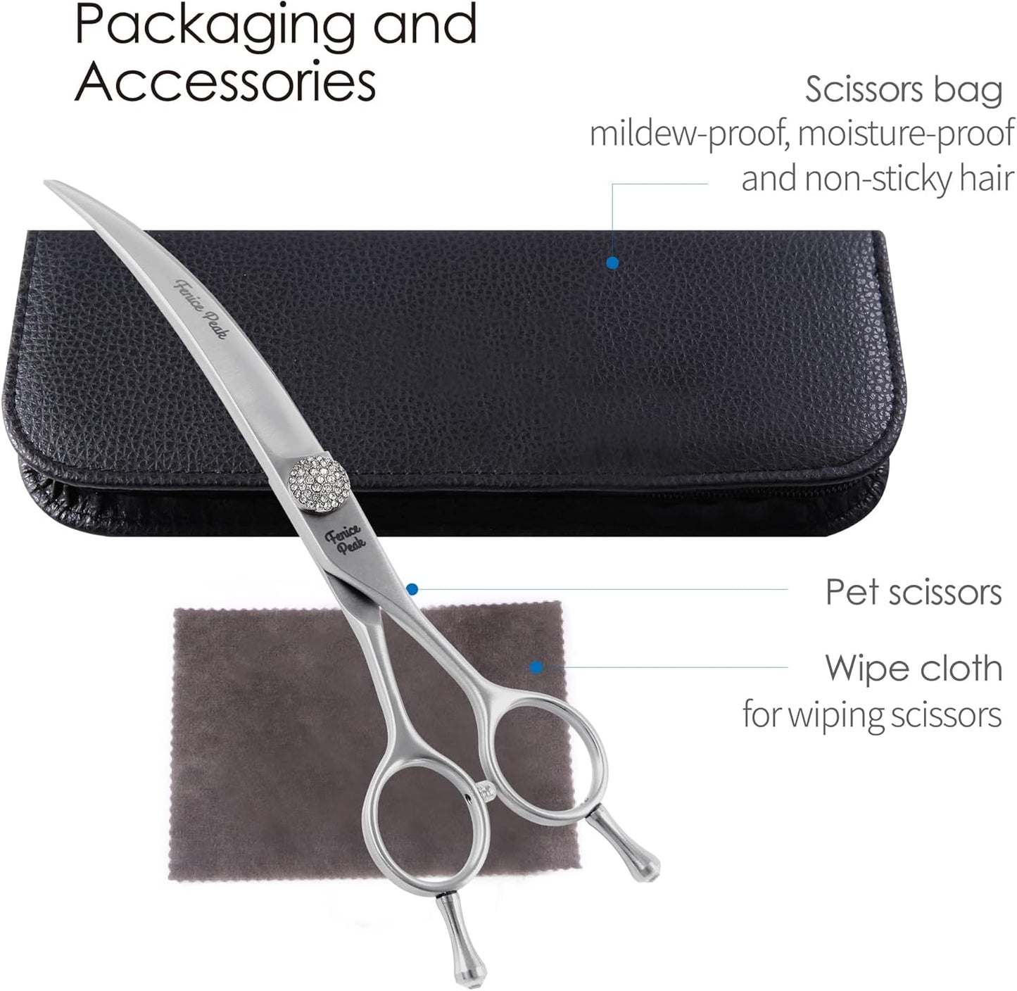 Fenice Peak Curved Dog Grooming Scissors with Jewelled Screw 440C Stainless Steel Pet Grooming Bending Scissors with Symmetrical Handle and Decorative Tail Nails Professional Groomer and Home User
