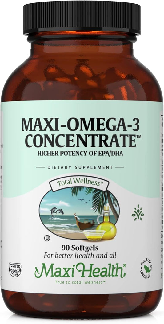 Maxi Health Omega 3 Supplement - Omega-3 Fish Oil Concentrate - Higher Potency Source of EPA/DHA Fatty Acids - Heart, Brain & Joint Health - Kosher Certified Wild Caught Fish - 90 Vegetarian Softgels