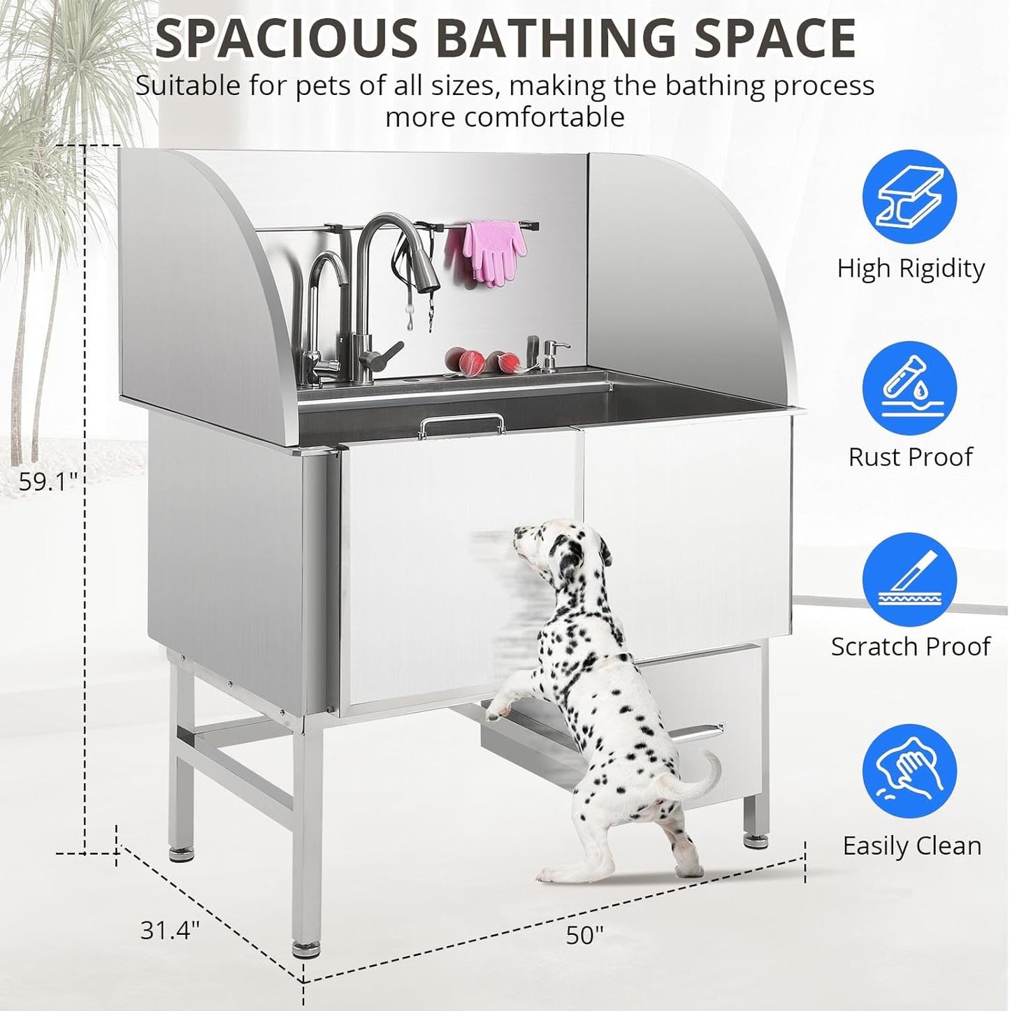 Professional Dog Grooming Tub, 50" Stainless Steel Dog Wash Station with Foldable Ramp, Storage Drawer, Floor Grate & Faucet/Dog Bathtub for Large, Medium & Small Pets - Left Door (50")