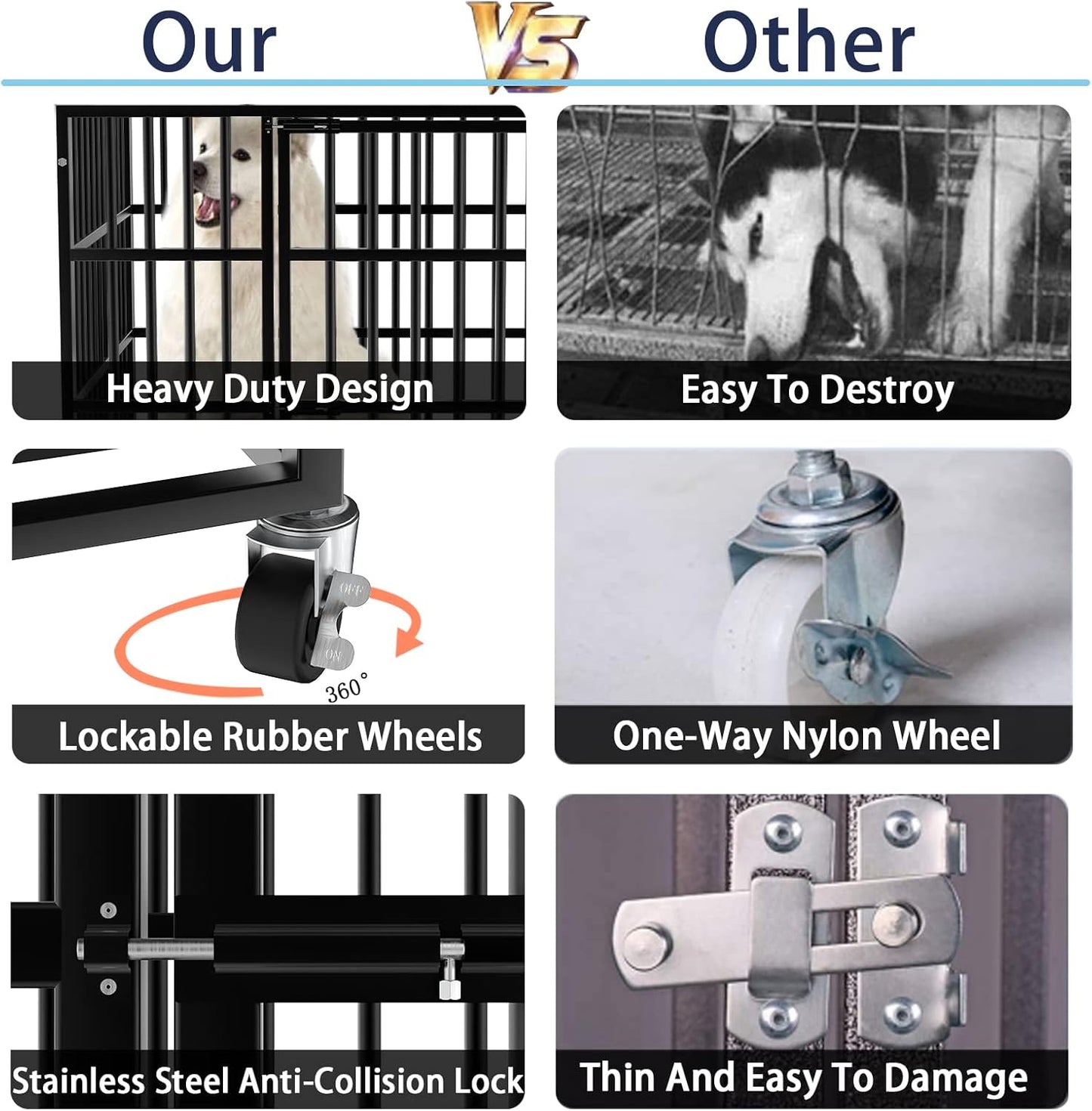 LEMBERI 48/38 inch Heavy Duty Indestructible Dog Crate, Escape Proof Dogs Cage Kennel with Lockable Wheels,High Anxiety Double Door Kennel,Extra Large Crate Indoor for Large Dog with Removable Tray