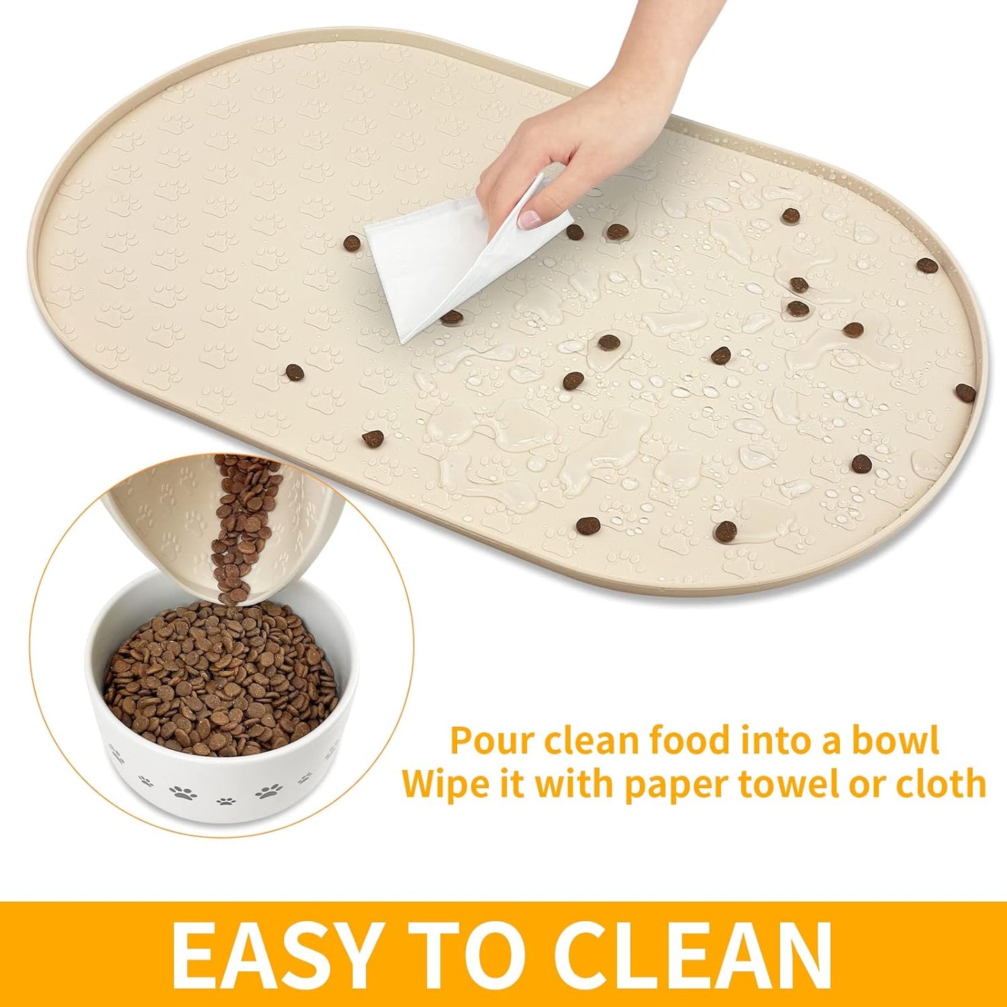 KPWACD Pet Placemat for Dog and Cat, Anti-Slip Waterproof Dogs Feeding Bowl Mat Prevent Food and Water Overflow, Silicone Puppy Dish Mats Suitable for Small Medium Big Pets, Beige, 24" * 16"