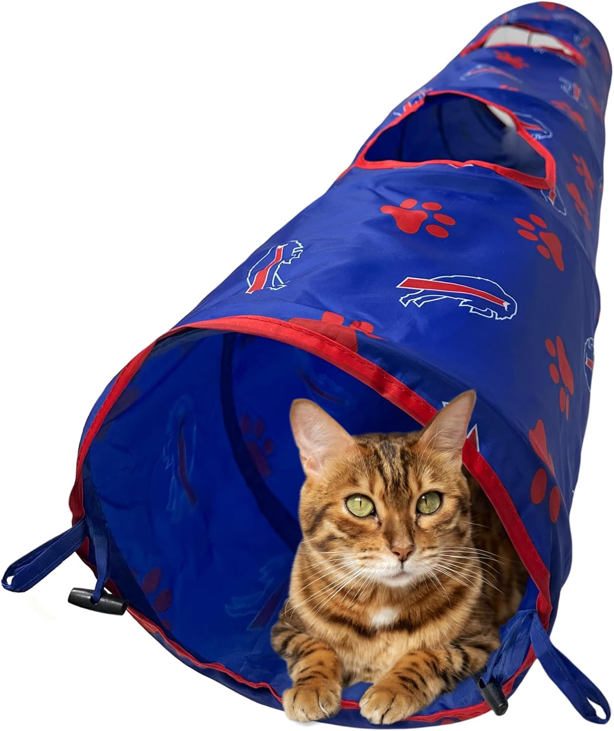 NFL Buffalo Bills Cat Tunnel Tube Toy with Plush Football Catnip and Feathers Collapsible Tunnel for Cats to Play, Peek and Hide, Sporty & Fun Cat Tunnel Toy with Team Logo All-Over Design!