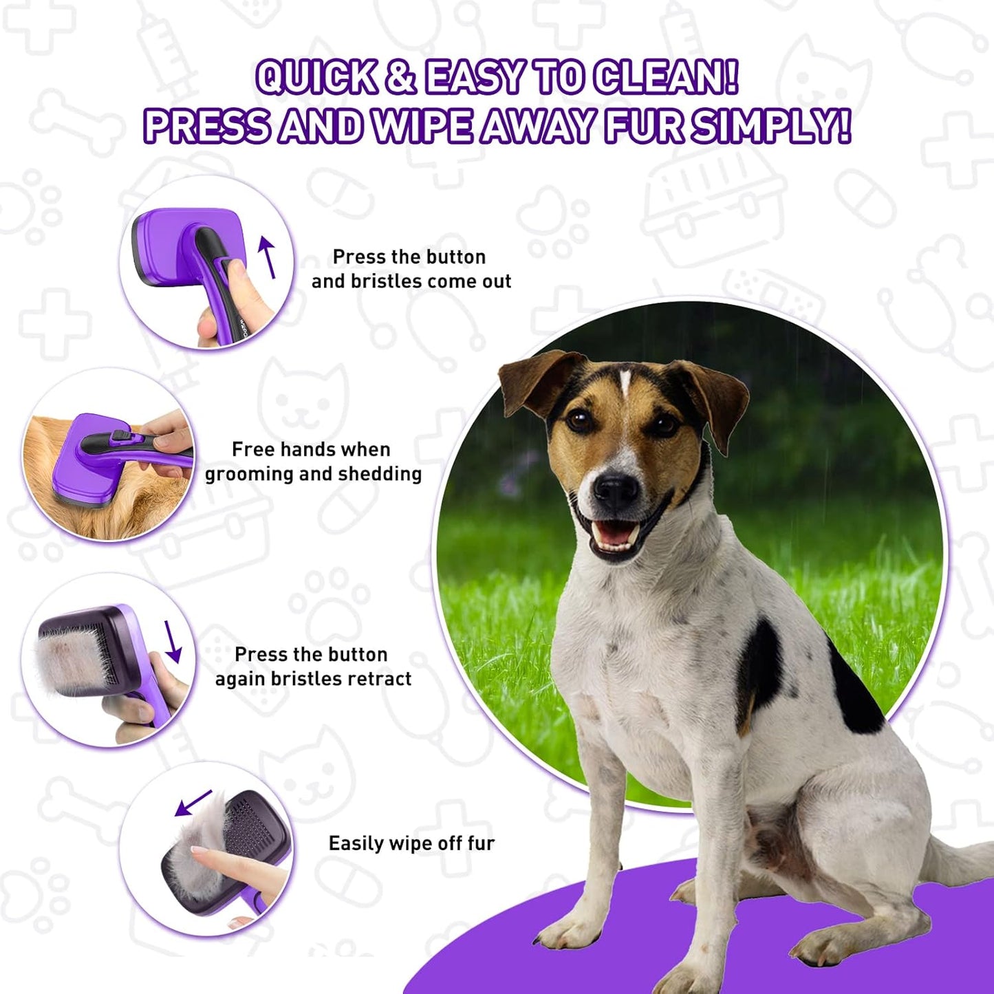 Dogs Cats Self Cleaning Slicker Brush for Shedding & Grooming Any Breed of Pets, Removes Loose, Undercoat, Mats, Tangled Hair for Small Medium Large Animal With Long Short Fur Length, Purple