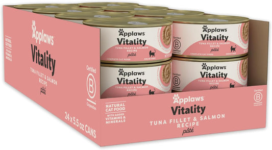 Applaws Vitality Wet Cat Food Paté, Natural Canned Cat Food, Wet Food for Cats with Added Vitamins and Minerals, Grain Free, Carrageenan Free, Tuna Fillet and Salmon (24 Count, 5.5oz Cans)