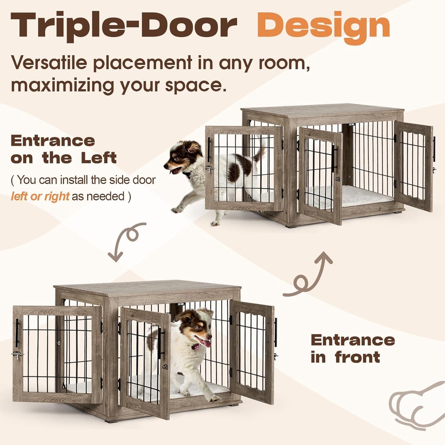 Dog Crate Furniture with Cushion, 32 inch Wooden Kennel Table with Double Doors, Indoor Dog House End Table for Small/Medium Dog, Grey (32x23x26in)