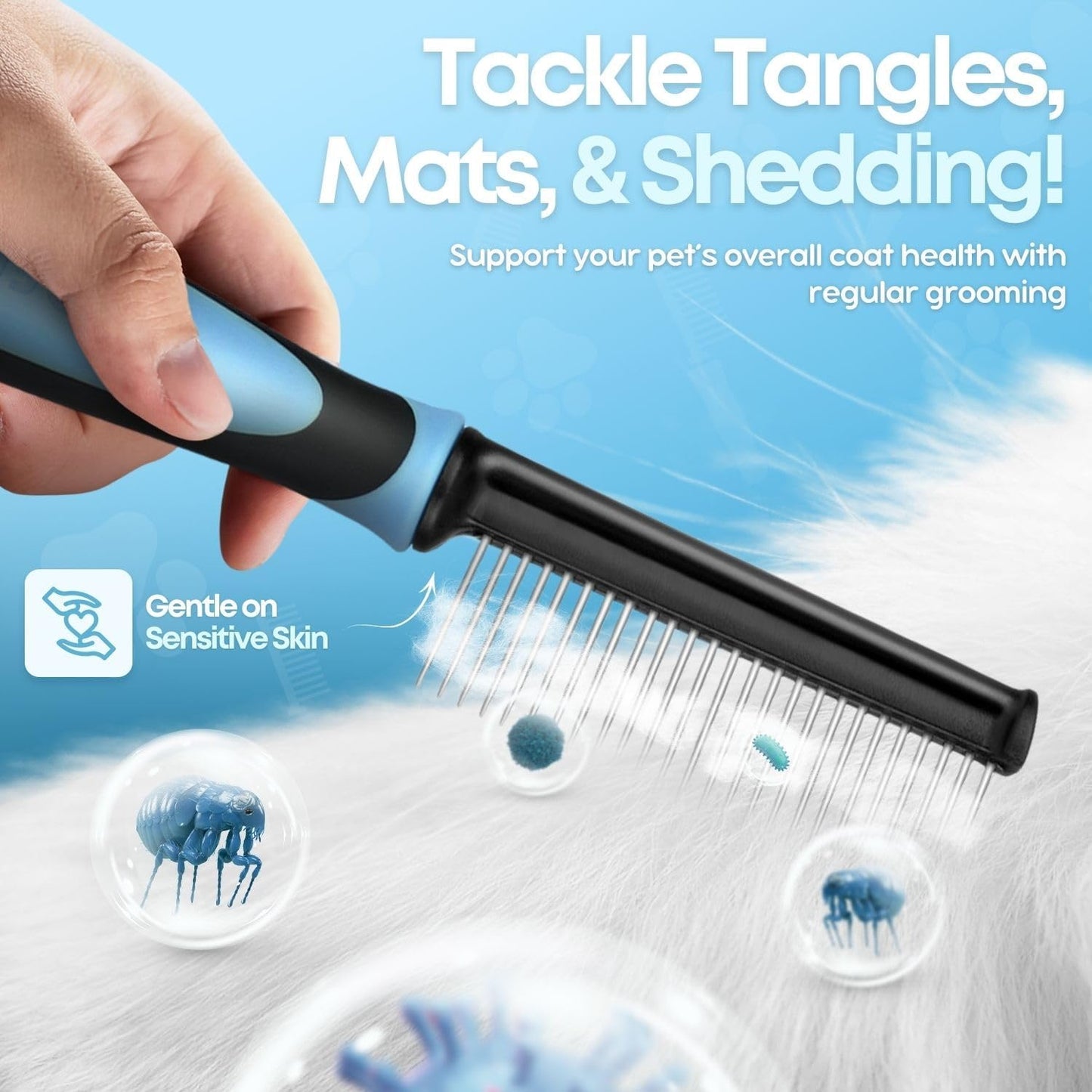 Flexzion Metal Pet Comb for Cats & Dogs - Sturdy Stainless Steel Rounded Teeth with Non-Slip Soft Grip Handle Easy to Use Grooming Detangling Cat Combs for Indoor Cats, Blue