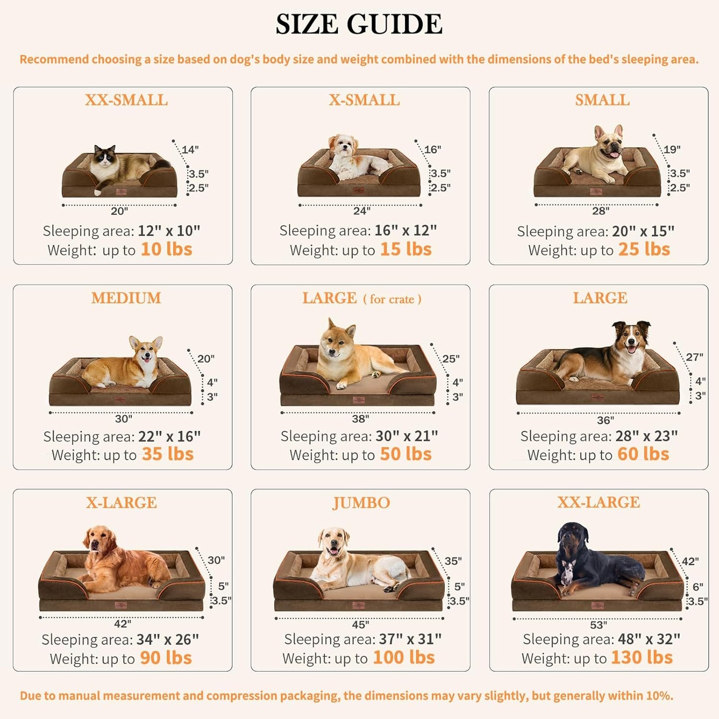 Comfort Expression Cooling Dog Beds Orthopedic, Waterproof Memory Foam Dog Bed for Large Dogs, Washable Dogs Beds with Removable Cover, Pet Sofa Couch with Bolster(Large,Khaki Brown)