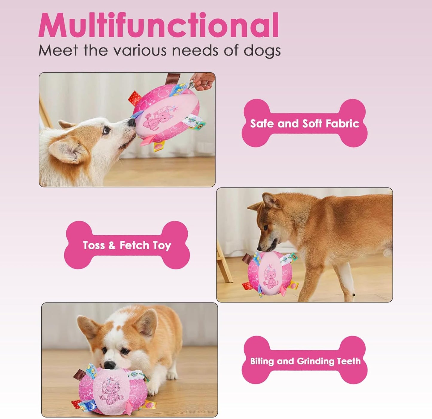 Dog Squeaky Plush Toy with Straps, 6-Inch Soft Stuffed Ball with Cotton Material and Bell Built-in, Pet Interactive Fetch Toy for Small to Large Dog
