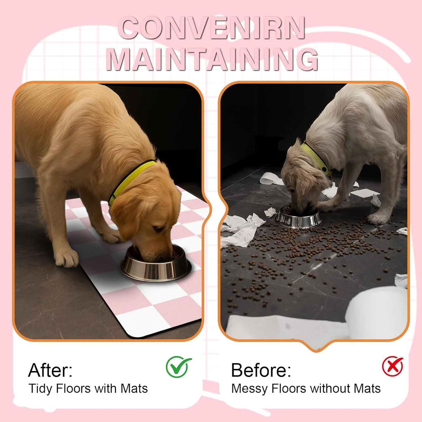Pet Feeding Mat, 16"x 24" Absorbent Dog Food Mat, Checkered Cat Bowl Mats, Easy to Clean Pet Placemats, Quick Dry Dog Water Dispenser Mats for Messy Drinkers, Pink & White
