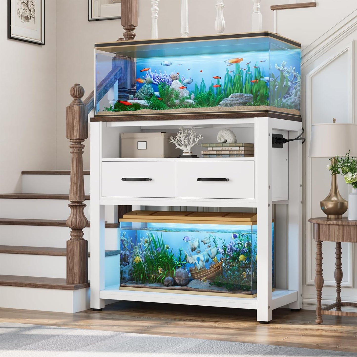 20-29 Gallon Aquarium Stand with Stable Metal Frame & Power Outlet, Heavy-Duty Fish Tank Stand with Waterproof Mat, 550LBS Capacity Storage Cabinet, White+Brown