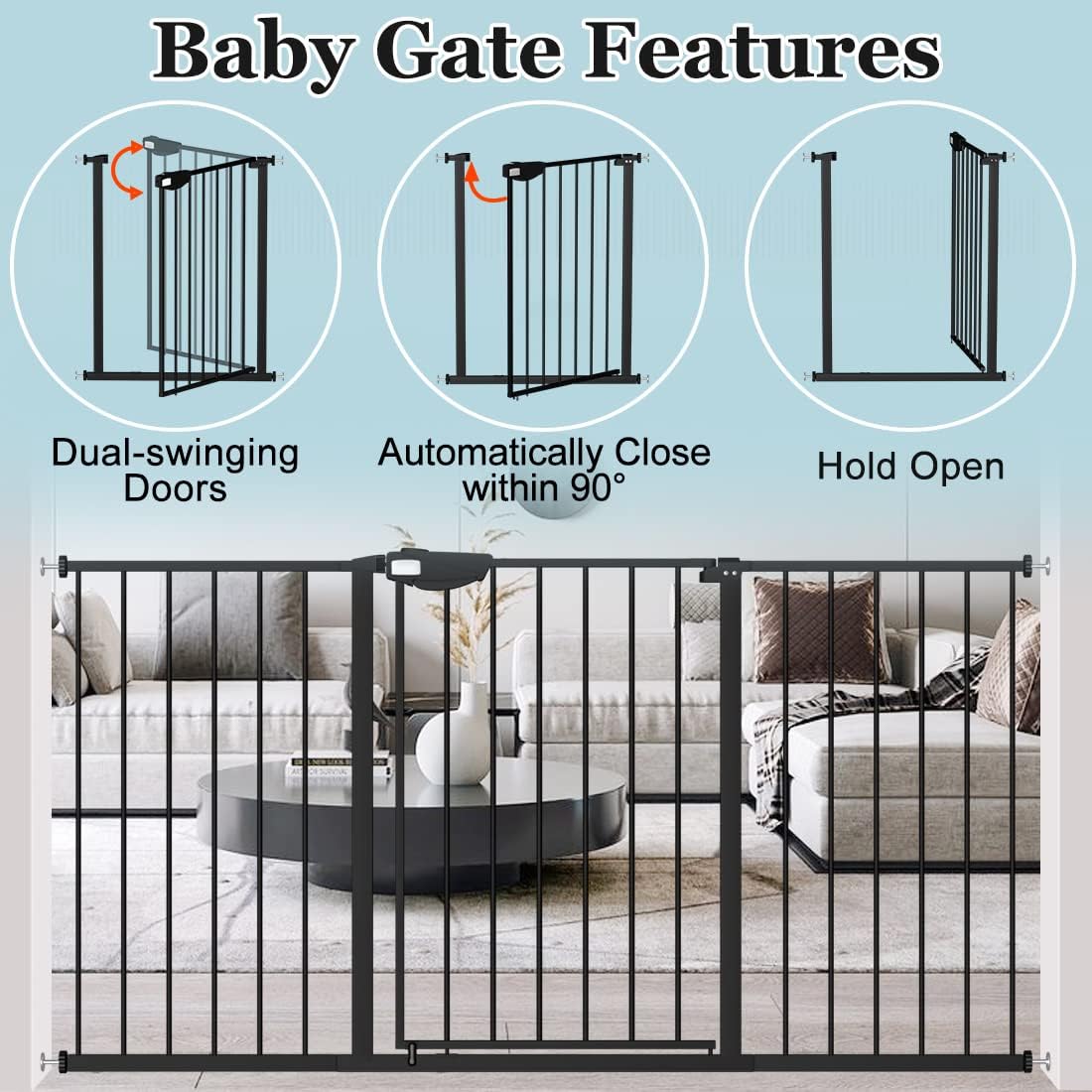 WAOWAO Triple Lock Baby Gate Extra Wide 49.21-53.14" Pressure Mounted Walk Through Swing Auto Close Safety Black Metal Dog Pet Puppy for Stairs,Doorways,Kitchen