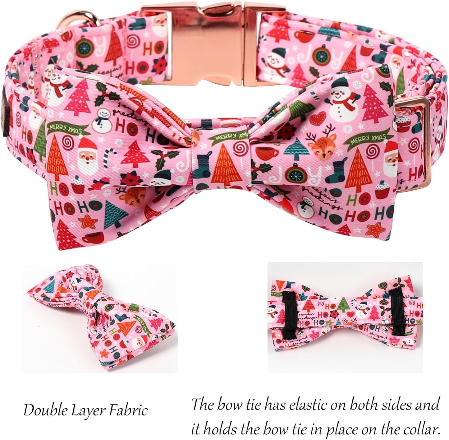 Lionet Paws Christmas Dog Collar with Bow tie,Cute Ho Christmas Tree Snowman Pink Dog Collar Bow Tie for X-Large Dogs Female, Neck 16-26 inches