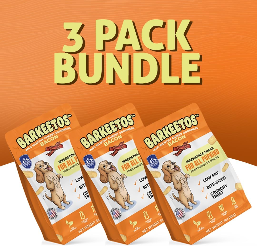 Barkeetos Dog Treats, Crunchy and Cheesy Pet Snacks Made with Real Himalayan Cheese and Bacon, Gluten Free, Grain Free, Lactose Free, Natural Dog Food for All Breeds and Sizes - 3 Pack
