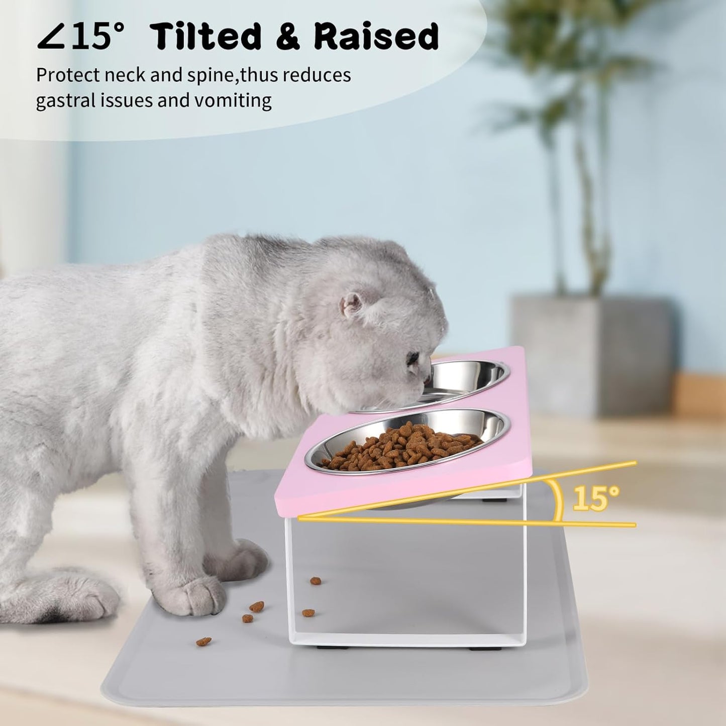 Upgraded Elevated Cat Bowls with Food Mat,15°Tilted Stand Anti Vomiting Raised Cat Dishes for Food and Water,2 Stainless Steel Bowls for Cats and Puppy（Pink）