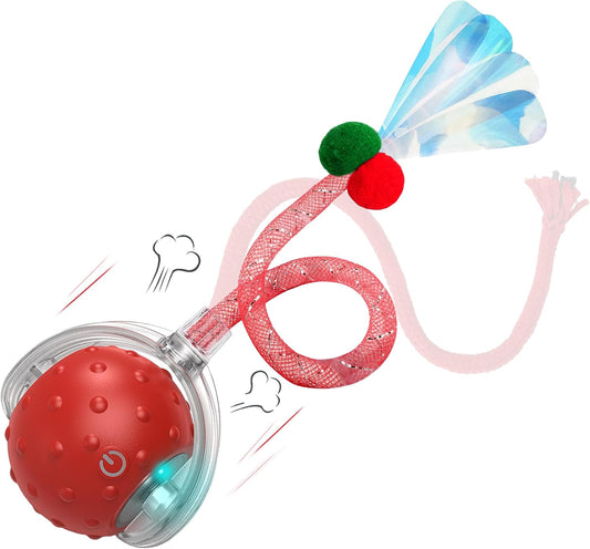 Interactive Cat Toy – Motion Activated Rolling Ball with LED Lights & 3 Play Modes & Two Different Tails - Best Toy for Indoor Cats & Kittens to Stay Active and Stimulate Hunting Instinct (Red)