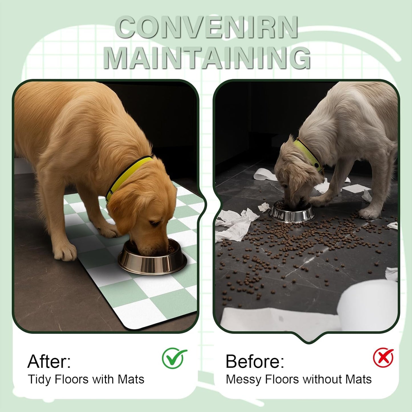 Checkered Dog Cat Feeding Mat, 17'' x 28'' Large Dog Food Mats, Absorbent Pet Feeding Mat for Food and Water Bowl, Dispenser, Checkerboard Pet Placemat with Rubber Backing, Green & White