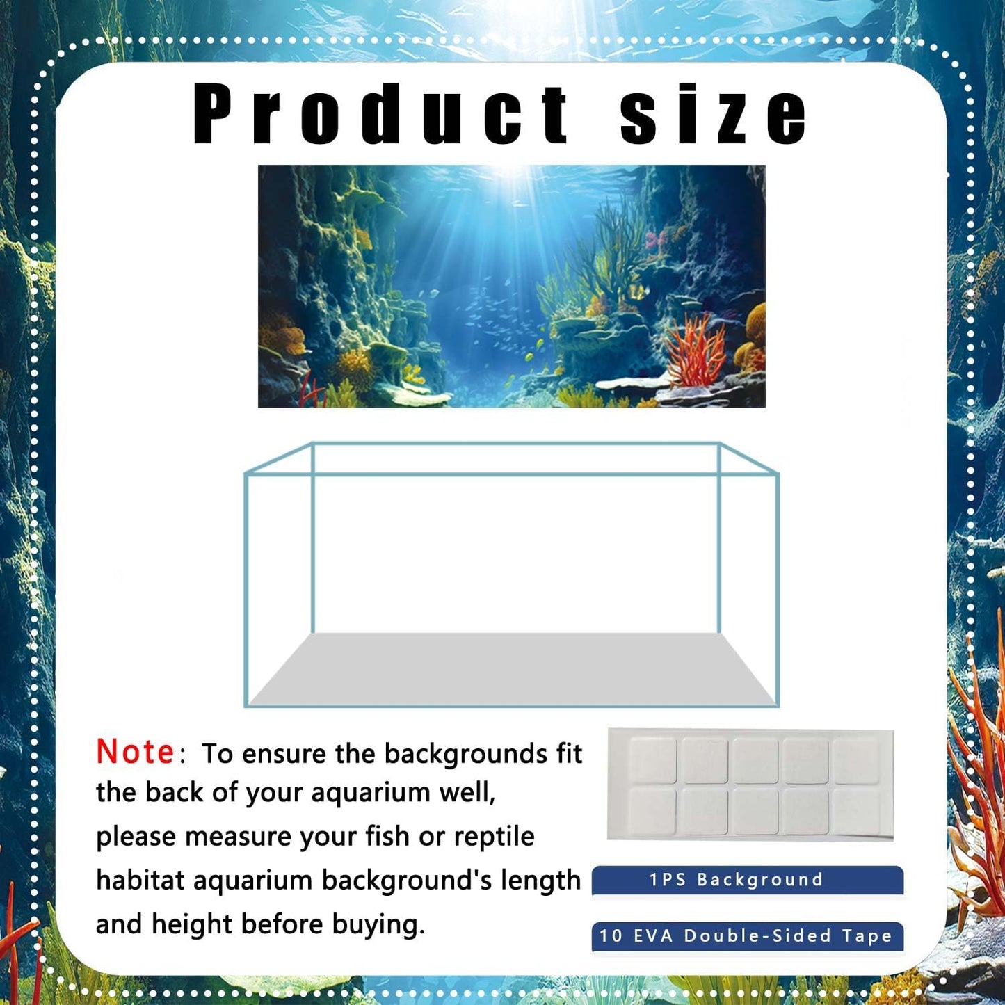 36X18IN Blue Sea Floor Aquarium Background, Natural Underwater World 3D Effect Fish Tank Decorations Background, Art Terrarium Background with 8 EVA Double-Sided Tape
