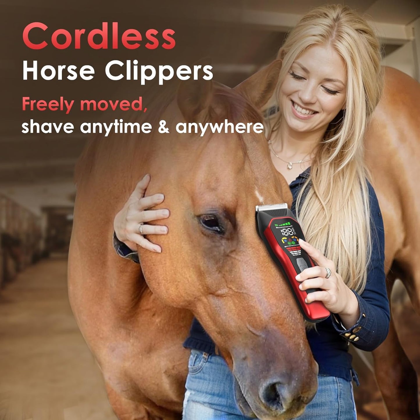 Horse Clippers Low Noise Rechargeble Horse Trimmer Kit, Pet Shaver for Heavy Thick Coats Grooming, 2-Speed Cordless Animal Shears for Horse, Sheep, Cats and Dogs