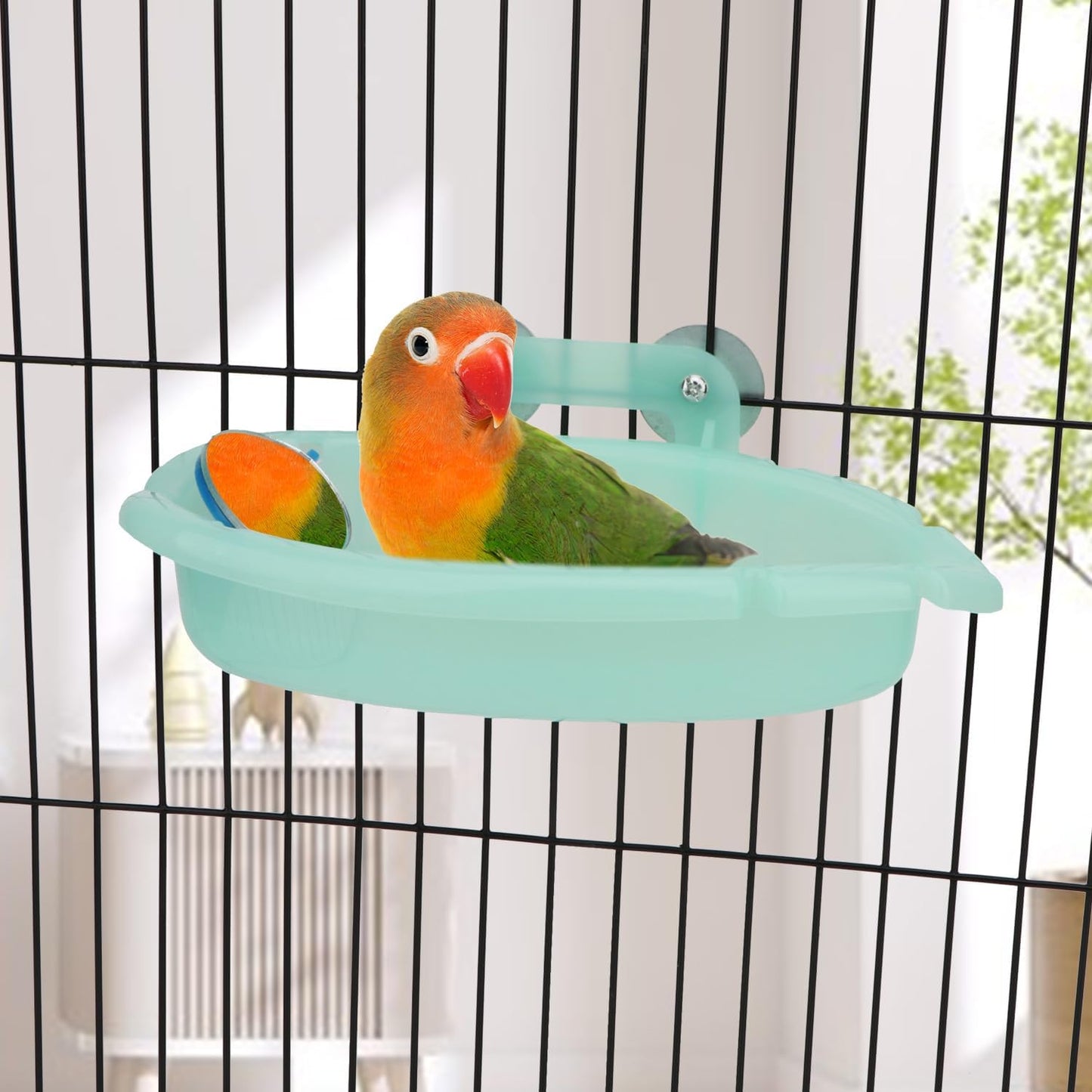 Wontee Bird Bath for Cage Portable Parrot Hanging Bathroom Bathing Tub with Mirror for Small Birds Parakeets Budgies Lovebirds Canaries Finches