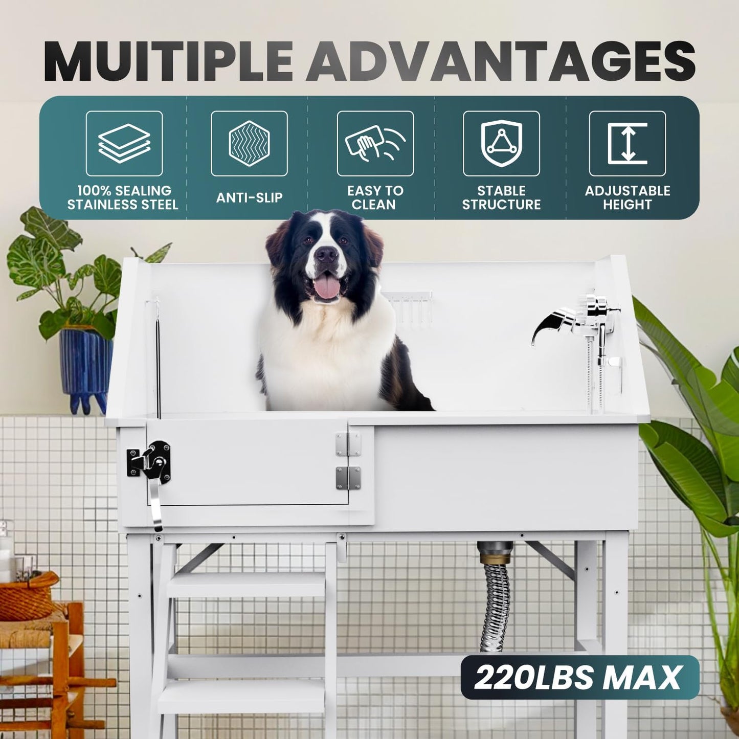 Dog Washing Station for Home, 38" White Professional Stainless Steel Dog Grooming Tub, Height Adjustable Dog Bathing Station, Upgrade Parts, Dog Bath Tubs for Small & Medium Dogs(Left Stair)