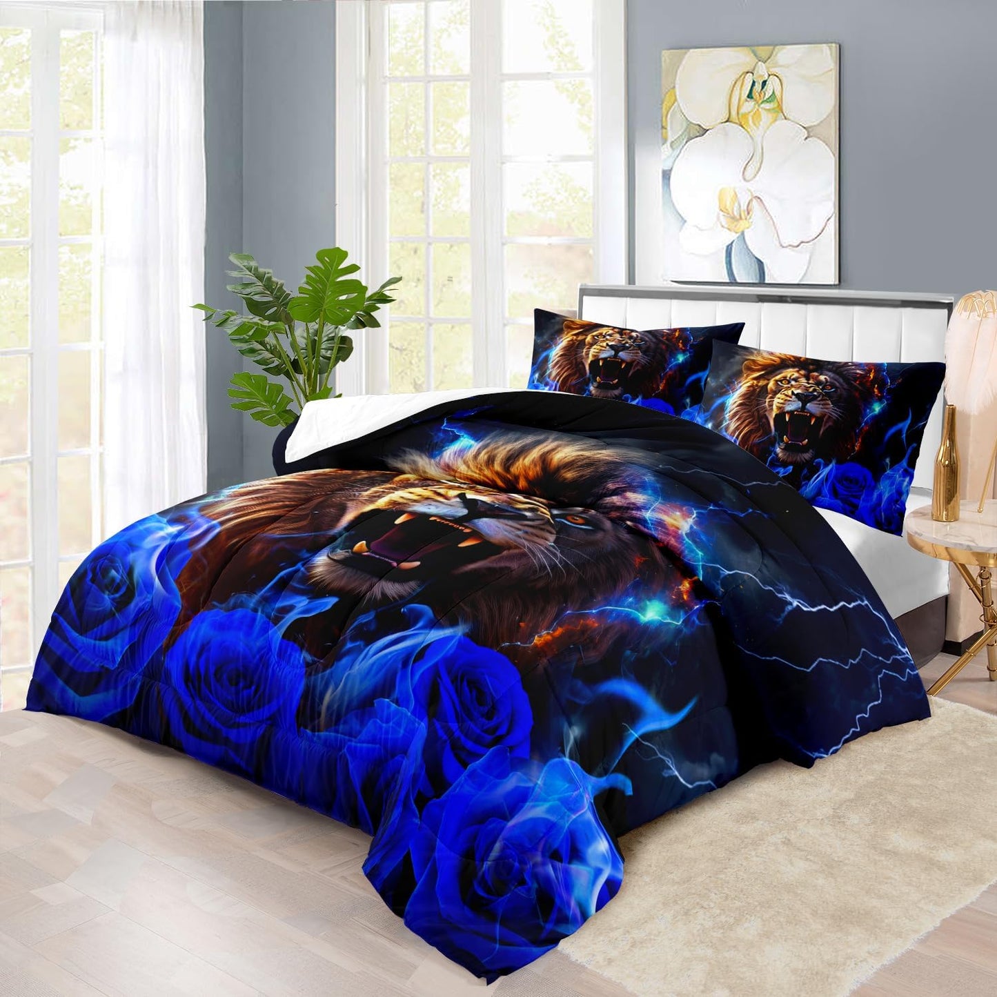 Lion Blue Comforter Set King,Lion Bedding Set Boys,Animal Print Comforter Bedroom Decor for Home,Vintage Floral Quilt,Blue Flower Bedding Adult,Tiger Quilt Bed Decor Teen