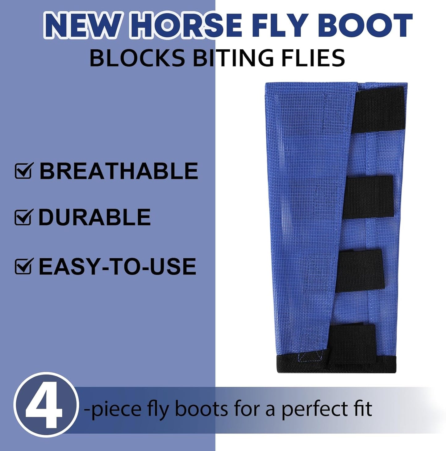 Premium 4-Pack Horse Fly Boots & Leggings Loose-Fit Fine Mesh with Stay-On Fasteners, Support Strips & Anti-Stomp Design Breathable Non-Slip Protection Leg Wrap (Large) Royal Blue
