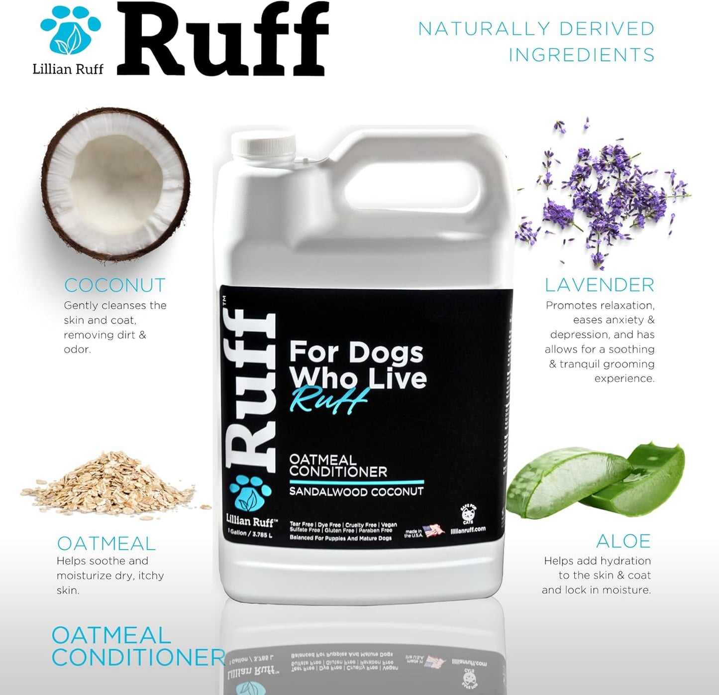 Ruff by Lillian Ruff Sandalwood Coconut Oatmeal Conditioner for Dogs – Moisturize & Soothe Dry Itchy Skin, Promote Healthy Coat, Tear-Free, Sulfate-Free, Paraben-Free, Made in USA (Gallon with Pump)