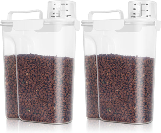 TBMax 2 Pack Cat Dog Food Storage Containers 10 to 14 Lbs, Portable Travel Pet Container Dispenser with Easy-Pouring Spout & Cup, Airtight Bird Seed Container Dog Treat Storage Bin -White
